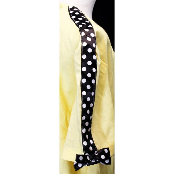 VTG 80s Handmade Yellow Dress Mid Length Button Down Polka Dot Ribbon Trim Bow - Picture 4 of 11